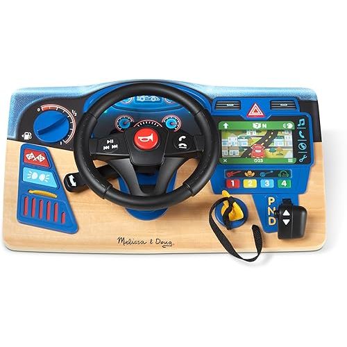 Melissa & Doug Vroom & Zoom, Interactive Wooden Dashboard, Racing Car Steering Wheel Toy, Lights & Sounds, Preschool Learning Toys for Girls & Boys 3+ - FSC Certified