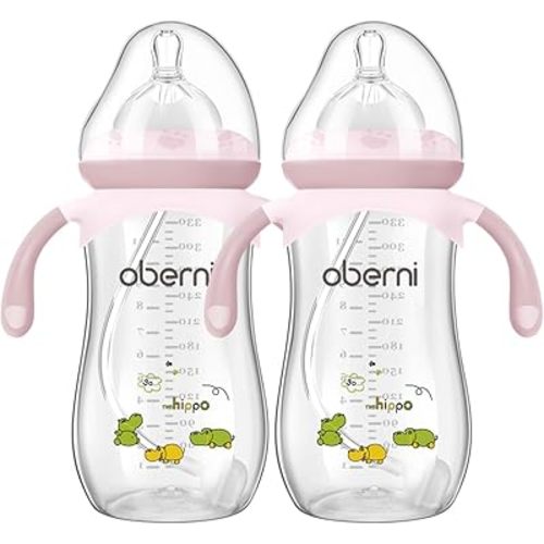 Toddler Milk Bottle 330ml/11oz, Anti-Colic Baby Bottle with Fast Variable Flow Nipple for 12 Months, Weigthed Straw, Non-Slip Handle, Pink/2Pack