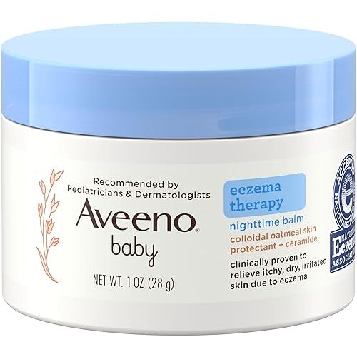 Aveeno Baby Eczema Therapy Nighttime Moisturizing Balm, Colloidal Oatmeal & Ceramide, Soothes & Relieves Dry, Itchy Skin from Eczema, Hypoallergenic, Fragrance-Free, Travel Size, 1 oz