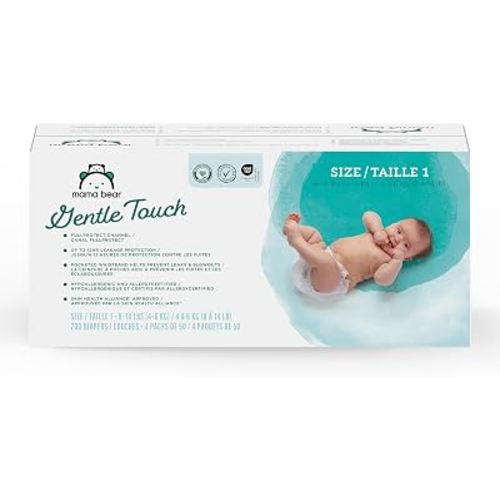 Amazon Brand - Mama Bear Gentle Touch Baby Diapers, Size 1, Leak Protection, Wetness Indicator, Umbilical Cord Cutout, 200 Count (4 packs of 50)