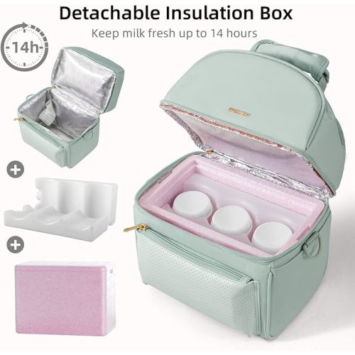 SUNVENO Breast Milk Cooler Bag with Detachable Insulation Box, Double-Layer Pumping Travel Bag for Work & Daycare, Fits Bottles, Ice Packs and Pump Parts,Green