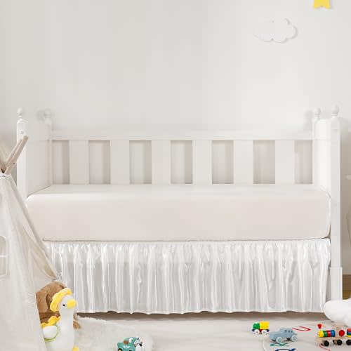 White Satin Crib Bed Skirt, 52" x 28" with 14" Drop | Silky Soft, For Baby Girls or Boys, Fit for Standard Crib & Toddler Bedding