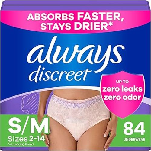 Always Discreet Adult Incontinence Underwear for Women and Postpartum Underwear, Small/Medium, Up to 100% Bladder Leak Protection, 84 Count (2 Packs of 42)