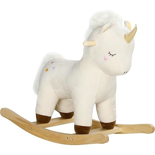 Qaba Rocking Horse, Plush Ride on Unicorn with Realistic Sound, Wooden Base, Toddler Rocking Horse for 2-4 Years, White