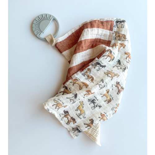 Muslin lovey Horse Breeds - security blanket - sun teether paci keeper - horses ranch western cowboy pony - baby name boy baby shower gift