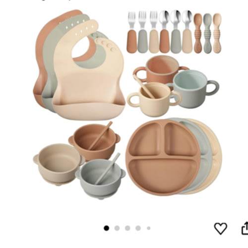 24 Pack Silicone Baby Feeding Set Baby LED Weaning Supplies Includes Suction Divided Plates Soft Bowl Spoons Forks Adjustable Bib Snack Cup and Straws(Walnut Color, Beige, Smoky Gray)