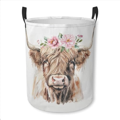 Pink Floral Highland Cow Laundry Basket Foldable with Handles | Clothes Storage Bin, Laundry Hamper for Household, Bedroom, Bathroom, College Dorms