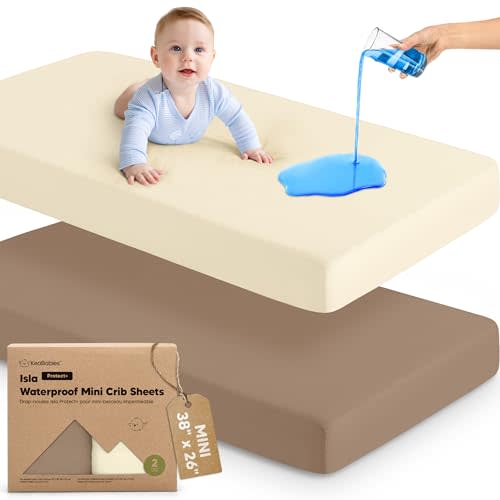 2-Pack Waterproof Pack and Play Sheets, Mini Crib Sheets Fitted (Latte) | 38x26 Pack N Play Mattress Sheets, Soft Viscose from Bamboo, Gender Neutral Boy Girl, Toddler Playard, Mini Baby Crib Sheets