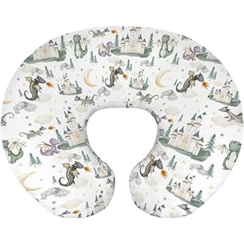 Baby Boy Girl Nursing Pillow Cover Dragon Tale Castle, Watercolor Green Moon Clouds Stars Tree Breastfeeding Pillowcase, Bottle Feeding Pillow Slipcover Cover Only White One Size