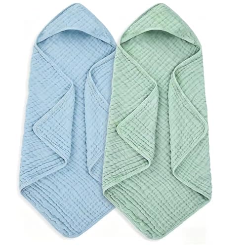 Muslin Hooded Baby Towels Baby Bath Towel with 100%, 32x32 Inch Cotton Super Soft Super Absorbent, Suitable for Newborn Care and Young Children Up to 5 Years Old（Blue & Green）