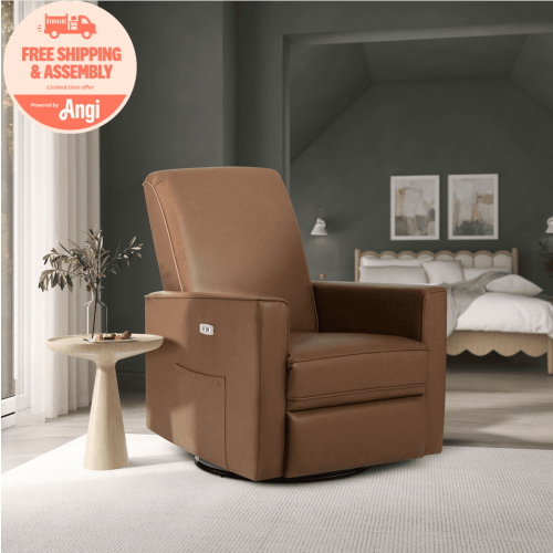 Evolur Harlow Deluxe Upholstered Plush Seating Glider Swivel, Power Recliner with USB Port, Greenguard Gold Certified, Glider Chair for Nursery, Cognac