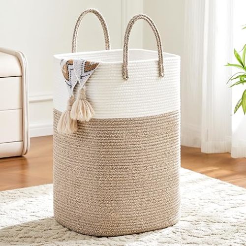 Laundry Basket,Woven Cotton Rope Laundry Hamper,Versatile Storage for Dirty Clothes,Baby Toys,and Blankets in Bathroom, Nursery,and Living Room (Brown, 80L)
