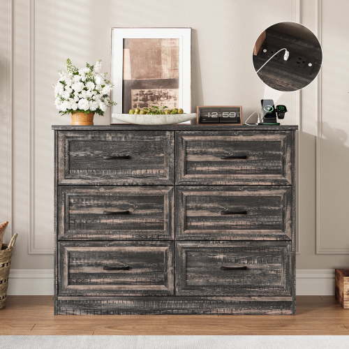 Vabches 6 Drawers Dresser with Charging Station for Bedroom, Wood Chest of Drawers,Dark Brown