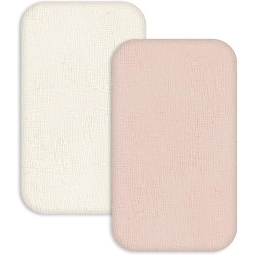 Muslin Bassinet Sheets 2 Pack, Soft Fitted Bedside Sleeper Sheet 33x20 Inch | Ultra Soft Breathable Muslin Cotton, Snug Fits Bassinet Mattresses Set, Newborn Bedding Essential, Gentle Colors