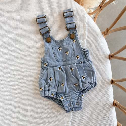 Denim Bee Overall Romper - Blue