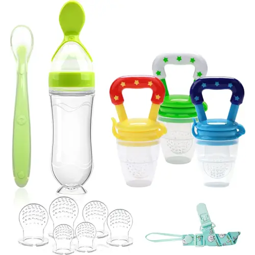 WAJIAYON Food Feeder for Baby, Fruit Feeder Pacifier (3 Pcs) with 6 Different Sized Silicone Pacifiers,Silicone Baby Food Dispensing Spoon 90ML with Babies Spoons,Pacifier Clip Babies Feeding Set