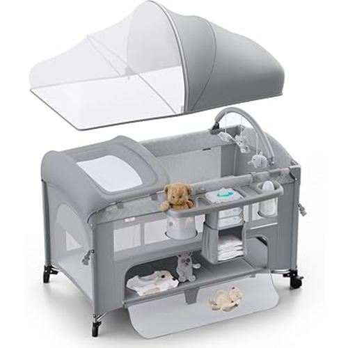 4 in 1 Baby Bassinet, Pack and Play, Bedside Crib Sleeper, Diaper Changer - Comes with Mattress, Mosquito Net，Bottom Storage and Toy Bar for Newborn to Toddles