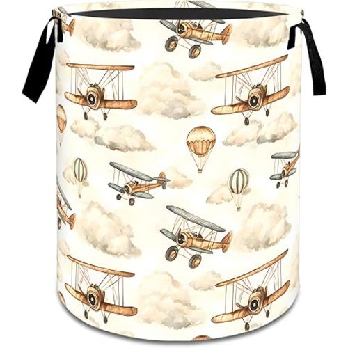 Vintage Airplane Laundry Basket,Dirty Clothes Hamper,Retro Plane and Cloud Storage Bin,Aviation Lovers Gifts,Waterproof Oxford Cloth Baskets for Bathroom,Bedroom,Home Decoration(19.7" x 15.8")