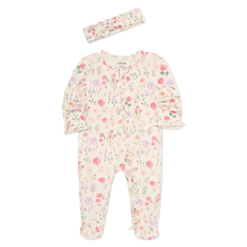 Meadow Floral Stretch Viscose Zip Footie & Headband Set (Nordstrom Exclusive)