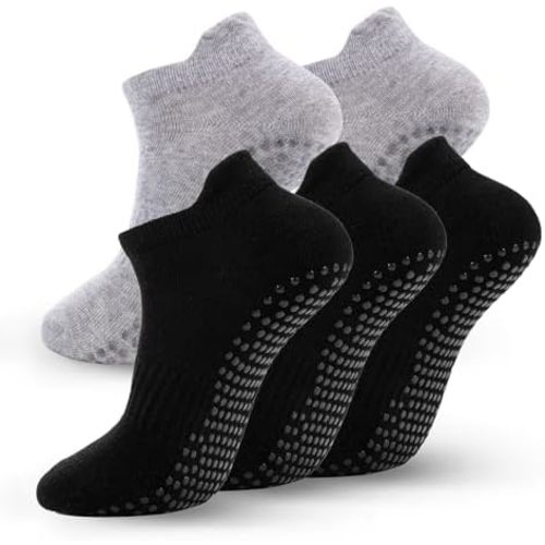 5 Pairs Pilates Socks with Grips for Women Non Slip Grip Yoga Crew Socks for Barre Hospital Barefoot Workout
