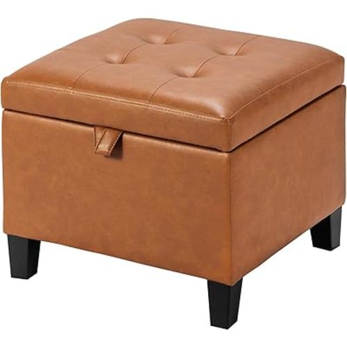 Asense 17 Inch Storage Ottoman Foot Rest,Square Faux Leather Foot Stool,Small Ottoman with Storage,Padded Seat for Entryway,Living Room,Bedroom,Couch,Under Desk,Cognac Brown