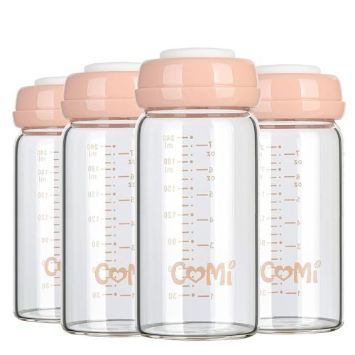 COMI Wide Neck Glass Breastmilk Collection n Storage Bottle, 8oz with Screw Ring Sealing Disk; Re-markable Sealing Disc. BPA Free, Fits Breast Pumps & Nipples (6 Gray Lids)