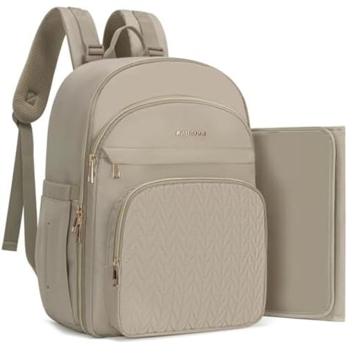 KABAQOO Baby Diaper Bag Backpack, Waterproof Diaper Backpack for Mom & Dad with Changing Pad, Insulated Pockets and Stroller Straps, Baby Shower Gifts for Girls & Boys, Brown Taupe
