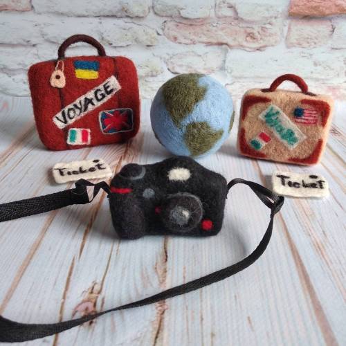 Newborn felted Bon Voyage vintage style luggage/suitcase, Felted Earth globe, Photo camera, Ticket, Travel props, Felted decor Photo props