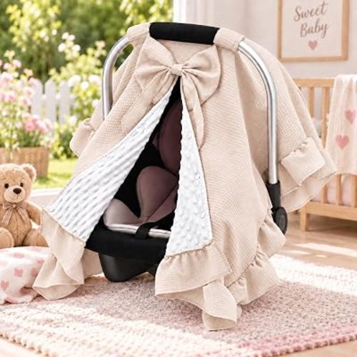 Baby Car Seat Cover with Hand-Cut Bow & Ruffled, Waffle & Mink Dot Plush