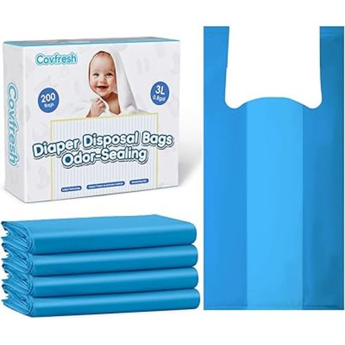 Covfresh Odor Sealing Diaper Disposable Bags with Tie Handle, 200 count | Large Capacity, Unscented & Durable Diaper Trash Bags for Home & Baby Travel Use (Color:Blue)