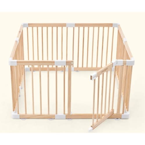 HARPPA Wooden Baby Gate Playpen | Non-Toxic Foldable DIY Adjustable Play Yard for Infants & Toddlers – Natural Finish Baby Fence for Small & Large Spaces