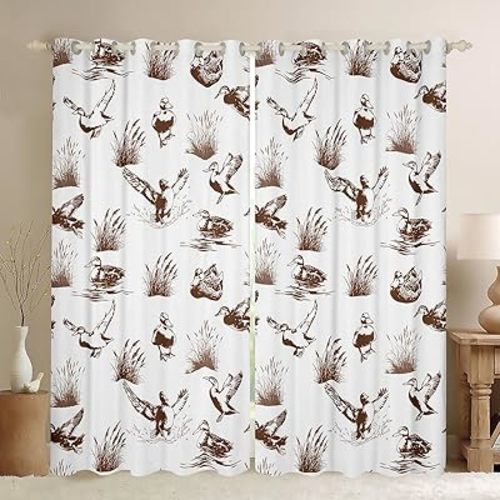 Feelyou Mallard Duck Curtains for Bedroom Living Room Cabin Duck Hunting Room Darkening Curtain Cabin Lodge Decor Wild Hunting Fishing Window Drapes Hunter Curtains Brown White(2 Panels, 38 x 45 Inch)