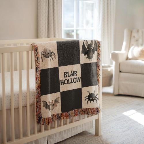 Personalized Halloween Baby Blanket, Spooky Name Blanket, Bat Spider Baby Gift, Black Nursery Decor, Custom Fall Baby Shower Gift, Spooky