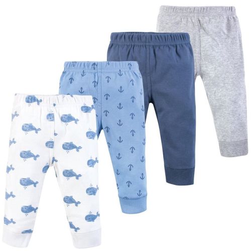 Hudson Baby Basics Infant Boys Comfy Cotton Pants 4-Pack, Oceanic Whales, 0-3 Months
