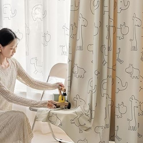 Cartoon Animals Pattern Blackout Curtains for Kids Bedroom Living Room Grommet Top Beige Kids Bedroom Curtain for Boys Girls Bay Window Nursery Room Window Treatments 1 Panel (W52 L84 inch,Beige)