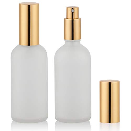 Hydior Glass Spray Bottle with Gold Sprayer, 3.4oz, 2 Pack | Perfume Atomizer, Empty, Fine Mist, Frosted