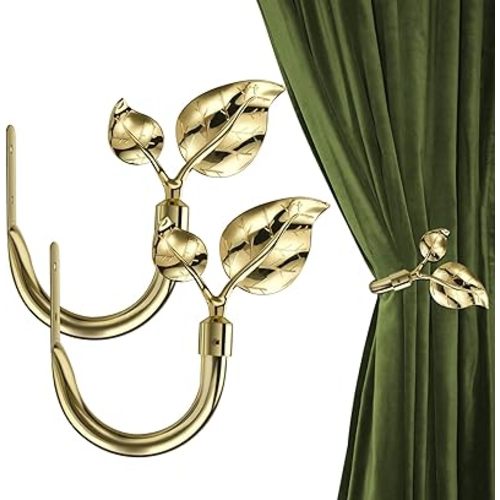 Leaf Shaped Curtain Holdbacks 2pcs, Handmade Metal Curtain Side Holders for Wall, Bright Gold Curtain Tieback Hook Pull Backs for Drapes Window Home Decoration (Gold)