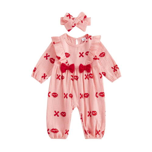 aturustex Infant Baby Girl Valentines Day Outfits 0 3M 6M 12M 18M Newborn Lip Print Jumpsuits Bow Ruffle Long Sleeve Rompers Crew Neck Bodysuit Headba Cute Casual 2 Piece Spring Fall Clothes