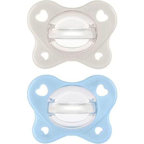Chicco PhysioForma Dual Soft One-Piece Orthodontic Silicone Pacifier for Babies 2-6 Months | BPA & Latex Free | Reusable Case | Pearl/Sky, 2pk