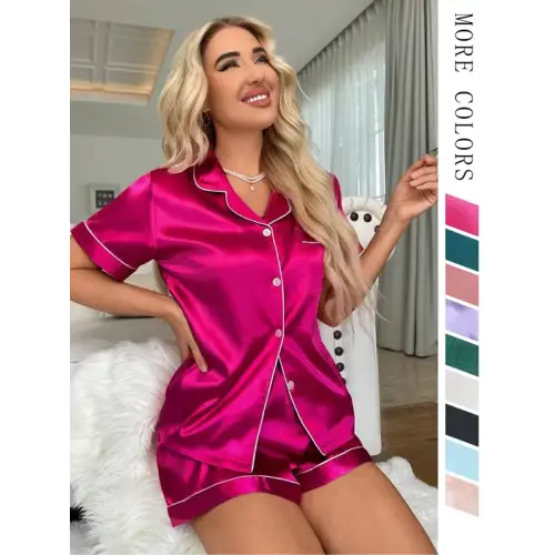 Two-Piece Set Women's Satin Pyjama Set, Casual Short Sleeve Button - TikTok Shop