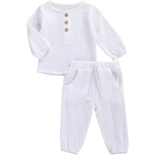 Karuedoo Toddler Baby Boy Girl Cotton Linen Pants Set Solid Long Sleeve T Shirt Top Drawstring Elastic Waist Pants Outfit - A-white - 12-24 Months