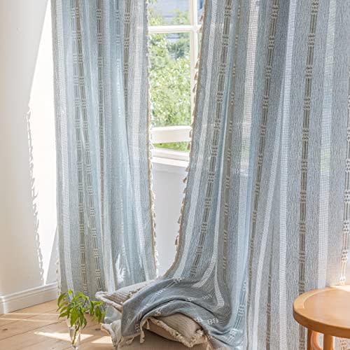 ENJOYBRIDAL Boho Curtains 96 Inch Length 2 Panels Semi Sheer Blue Grey Drapes Embroidered Tassel Rod Pocket Hollow Out Window Curtain Panels Farmhouse Window Treatment for Bedroom Living Room