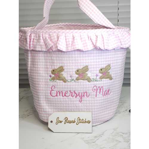 Seersucker Easter bucket: pink ruffle girl Easter basket