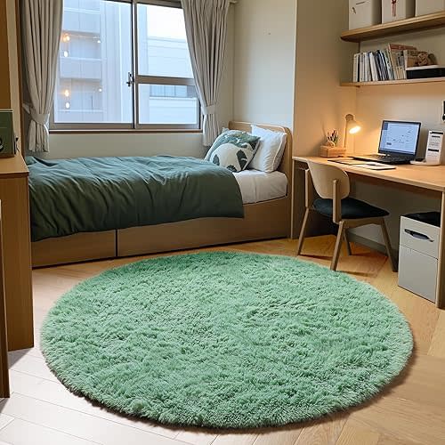 ONASAR Sage Green Round Area Rugs 5ft, Fluffy Soft Bedroom Circle Rug for Kids Girls Boys Teen Room, Cute Furry Plush Shaggy Carpet Floor Mat for Nursery Living Room Playroom Dorm Home Decor