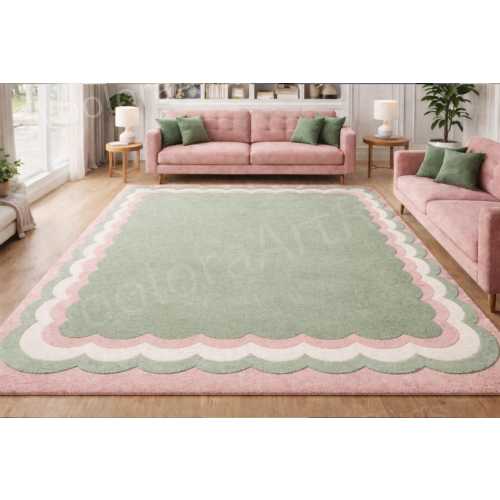Modern Scalloped Border Hand-Tufted Wool Area Rug - Sage Green & Dusty Rose