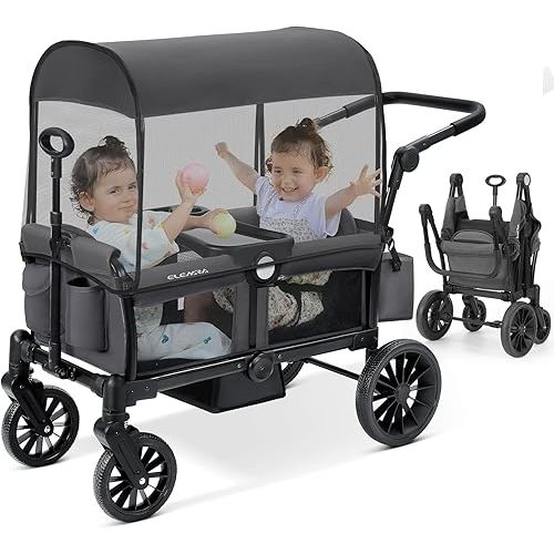 ELEMARA Foldable Wagon Stroller, Stroller Wagon for 2 Kids, Premium All Terrain Wagon for Kids with Removable Canopy, Adjustable Push/Pull Handle, Harnesses, Large Storage Bag, Grey