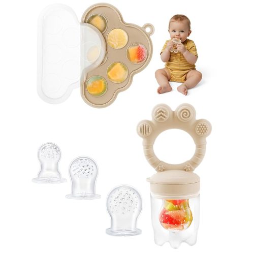 Baby Popsicle Molds & Food Feeder Set, Baby Fruit Feeder for Infant Teething Relief & Safe Infant Self Feeding 4 Months+ Starting Solids for Essentials (Beige)