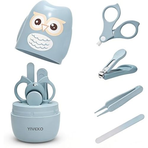 YIVEKO Baby Nail Kit, 4-in-1 Baby Nail Care Set with Cute Case, Baby Nail Clipper, Scissor, Nail File & Tweezer, Baby Manicure Kit and Pedicure kit for Newborn, Infant, Toddler, Kids-Owl Blue