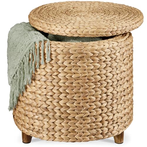 Best Choice Products 17" Round Storage Ottoman W/Lid, Handwoven Water Hyacinth Footstool, Footrest w/Wooden Legs, Accent Side Table, Storage Container, Plant Stand - Natural