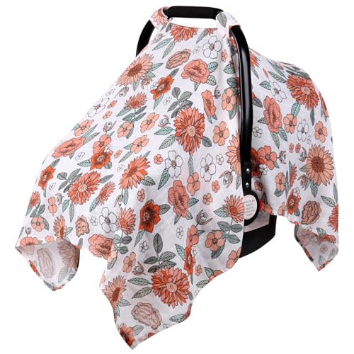 Rquite Car Seat Cover Baby Girl, Breathable Muslin Infant Carseat Canopy | 100% Muslin Cotton, Lightweight Breathable, 47.2  35.4 Large Size, Stroller Sun Shade for Summer, Hot Day, Vintage Flower